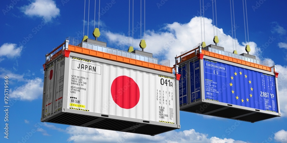 Shipping containers with flags of Japan and European Union - 3D illustration Shipping containers with flags of Japan and European Union - 3D illustration