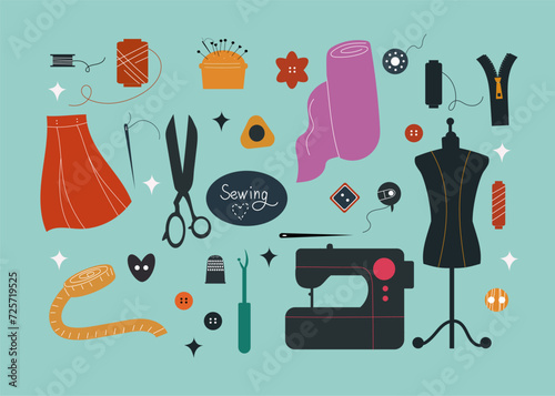 Set of sewing tools icon silhouette. Hand drawn collection of sewing elements,  sewing machine, scissors, measuring tape, threads, buttons. Cartoon flat illustration.