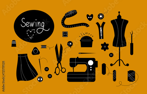 Set of sewing tools icon silhouette. Hand drawn collection of sewing elements,  sewing machine, scissors, measuring tape, threads, buttons. Cartoon flat illustration.