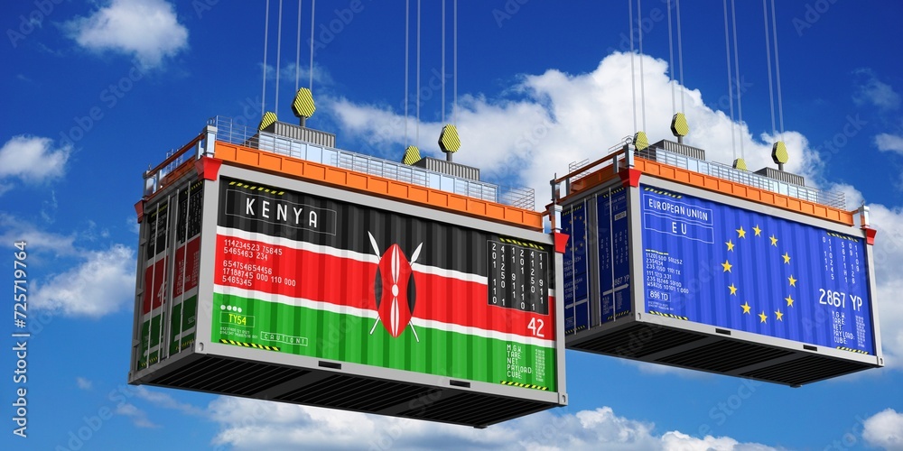 Shipping containers with flags of Kenya and European Union - 3D illustration