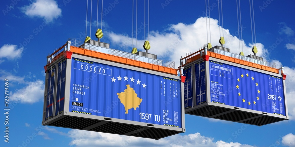 Shipping containers with flags of Kosovo and European Union - 3D illustration