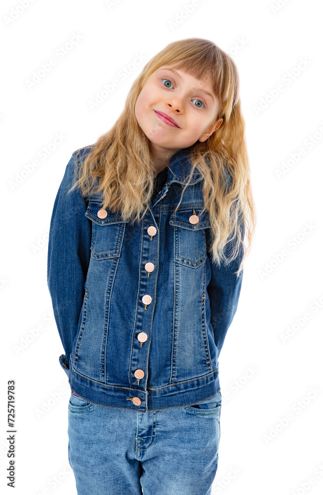 Portrait of surprised ten year old kid shrugging her shoulders, know nothing, can't understand situation, isolated on white background. Blonde caucasian girl in jeans clothes posing in studio. Portrait of surprised ten year old kid shrugging her shoulders, know nothing, can't understand situation, isolated on white background. Blonde caucasian girl in jeans clothes posing in studio.