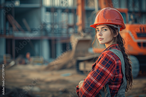 attractive female construction worker, standing with construction sign in frame, female choir styl
