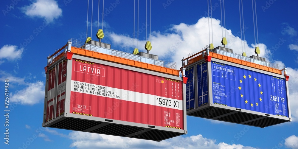 Shipping containers with flags of Latvia and European Union - 3D illustration