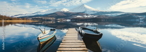 Two rowboats tethered to a wooden dock on a tranquil lake, with a majestic snow-covered mountain reflected in the still waters under a clear sky photo