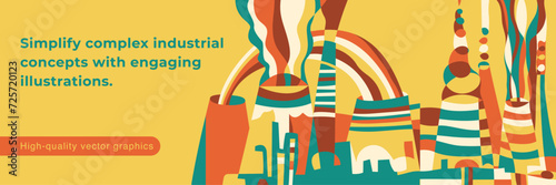 Cooling tower drawing. Ecology banner. Modern flat vector concept. Flat thin line illustration. Environmental sustainability and protection of nature, ecosystem and biosphere. Steam turbine powered. 