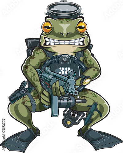 Cartoon style frog combat diver holding submachine gun