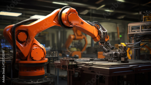 Robotic arm automation in a bustling car factory with advanced machinery. 