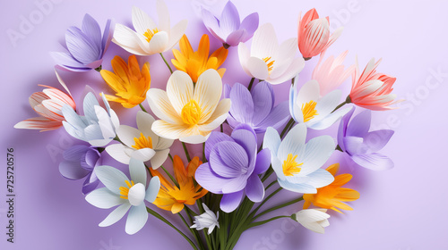 Kwiatowe fioletowe minimalistyczne tło z krokusami na życzenia z okazji Dnia Kobiet, Dnia Matki, Dnia Babci, Urodzin czy pierwszego dnia wiosny. Szablon na baner lub mockup.