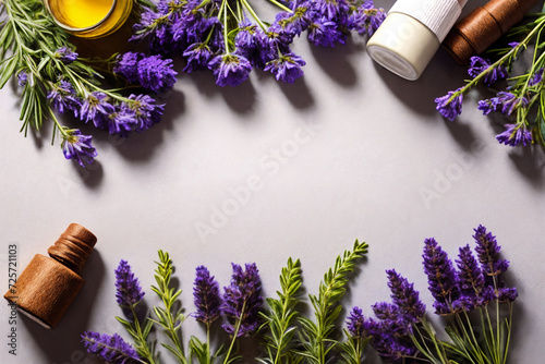 Background with lavender flowers and cosmetics. Self care concept.