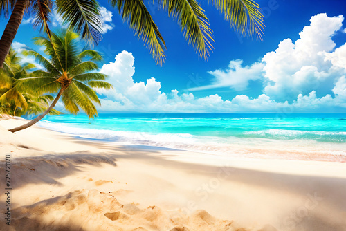 tropical background with palm trees. Ocean view.