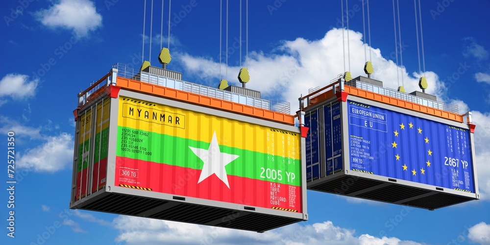 Shipping containers with flags of Myanmar and European Union - 3D illustration
