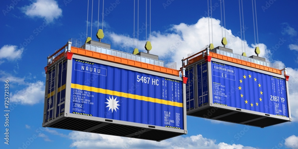 Shipping containers with flags of Nauru and European Union - 3D illustration