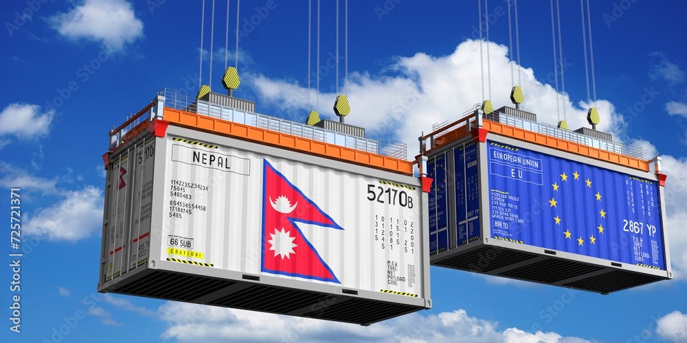 Shipping containers with flags of Nepal and European Union - 3D illustration