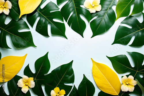 background with tropical leaves and flowers. Postcard for text.