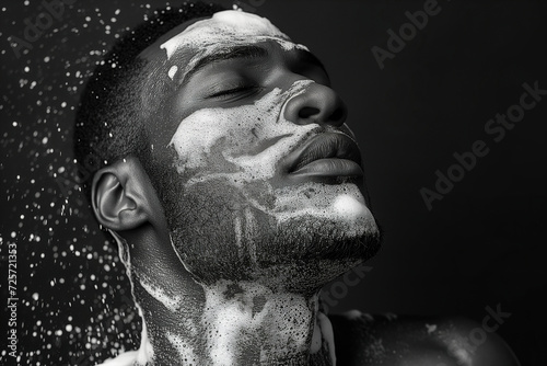 Men's hygiene and care, monochrome portrait of an African American handsome strong man in soap and foam