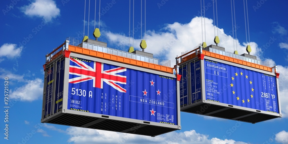 Shipping containers with flags of New Zealand and European Union - 3D illustration