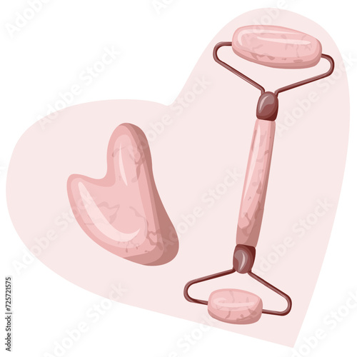 Face massage supplies.Gouacha scraper and facial massage roller.Skin care products, beauty and spa treatments, morning routine, facelift.  Vector flat illustration in cartoon style