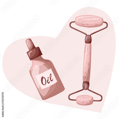 Face massage supplies. Essence oil in bottle and facial massage roller.Skin care products, beauty and spa treatments, morning routine, facelift.  Vector flat illustration in cartoon style