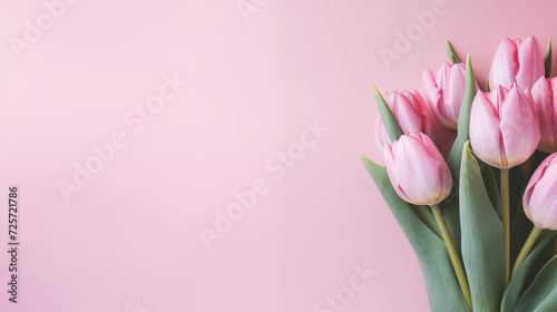 Kwiatowe różowe minimalistyczne tło na życzenia z okazji Dnia Kobiet, Dnia Matki, Dnia Babci, Urodzin czy pierwszego dnia wiosny. Szablon na baner lub mockup z ściętymi tulipanami photo