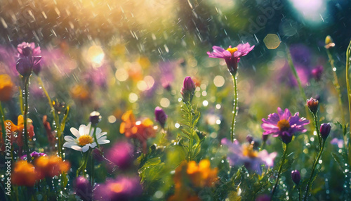 Spring wild flowers rain drops abstract background