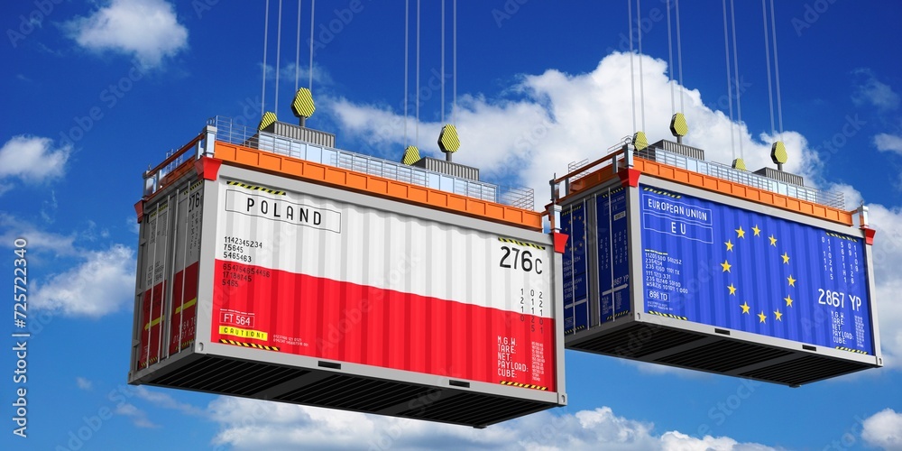 Shipping containers with flags of Poland and European Union - 3D illustration