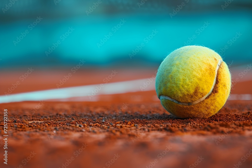 Close-up of a tennis ball on a clay court, vibrant colors capturing the essence of the sport. perfect for sporting goods promotion. AI