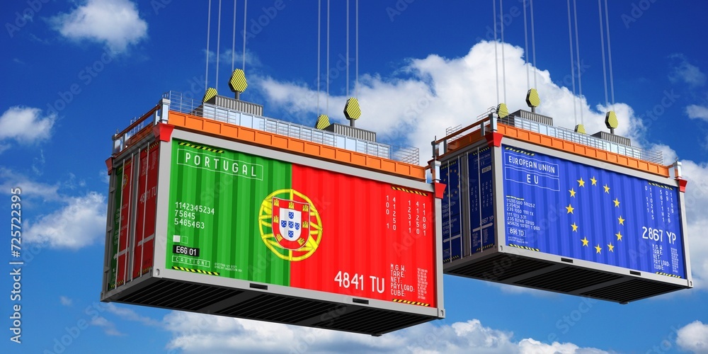Shipping containers with flags of Portugal and European Union - 3D illustration