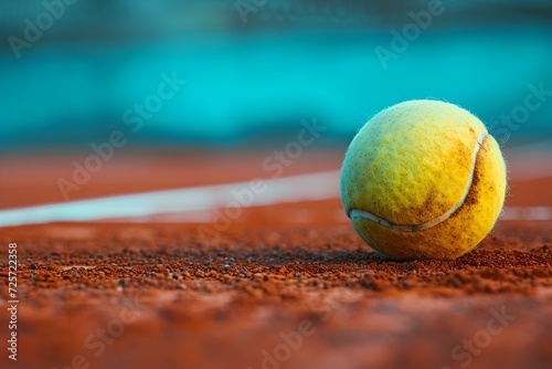 Close-up of a tennis ball on a clay court, vibrant colors capturing the essence of the sport. perfect for sporting goods promotion. AI © Irina Ukrainets