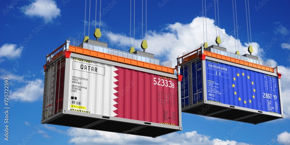 Shipping containers with flags of Qatar and European Union - 3D illustration Shipping containers with flags of Qatar and European Union - 3D illustration
