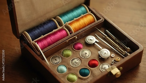A compact, colorful sewing kit, open and revealing its contents
