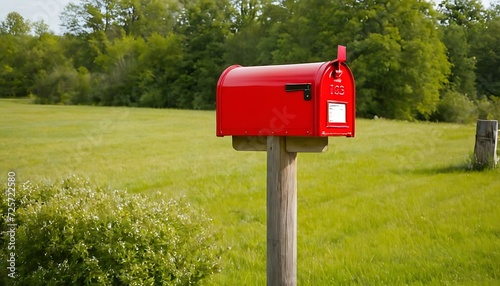 A bright red mailbox, mounted on a light wooden post