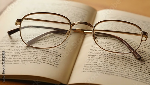 A pair of reading glasses, with thin metal frames, perched on an open hardcover book with bright natural light shining in