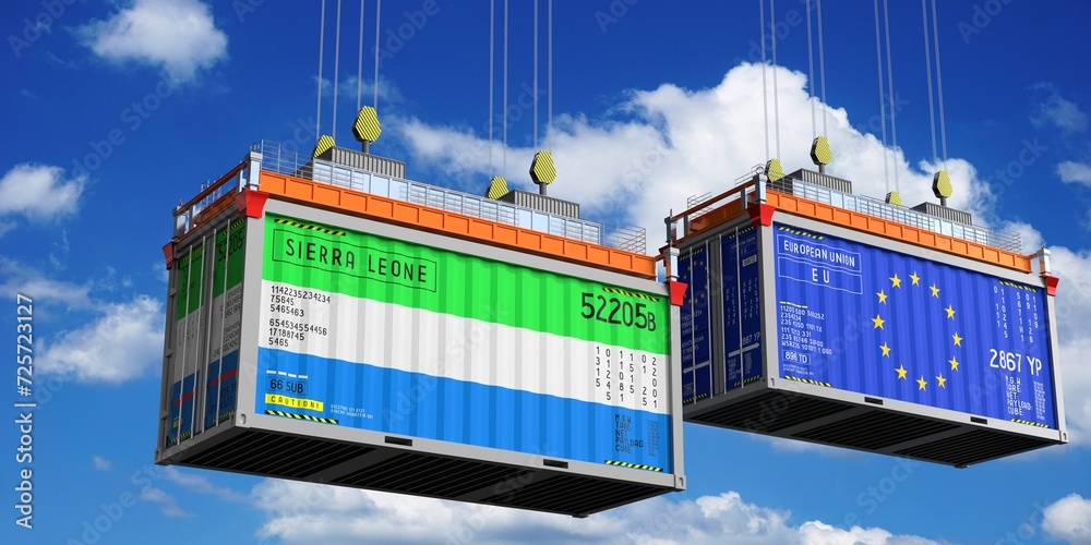 Shipping containers with flags of Sierra Leone and European Union - 3D illustration