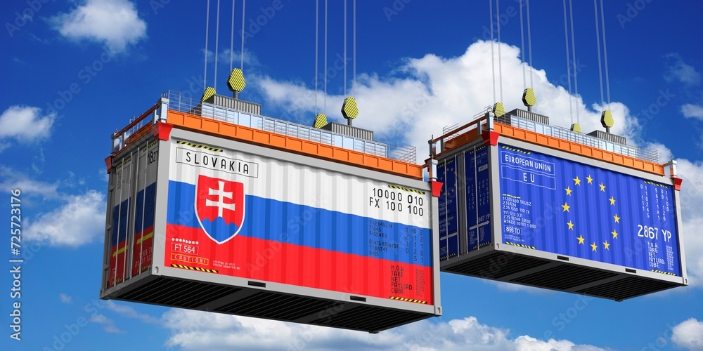 Shipping containers with flags of Slovakia and European Union - 3D illustration Shipping containers with flags of Slovakia and European Union - 3D illustration