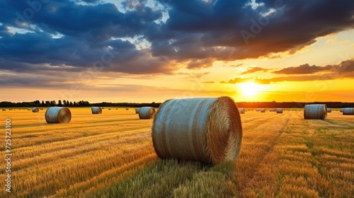 large rolls of hay in the field after harvest. rural landscape with rolled hay in ripe wheat field.sunset,sunrise background