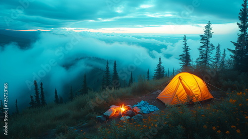 tent glows warmly under a twilight sky with clouds rolling over a mountain landscape, embodying adventure and serenity