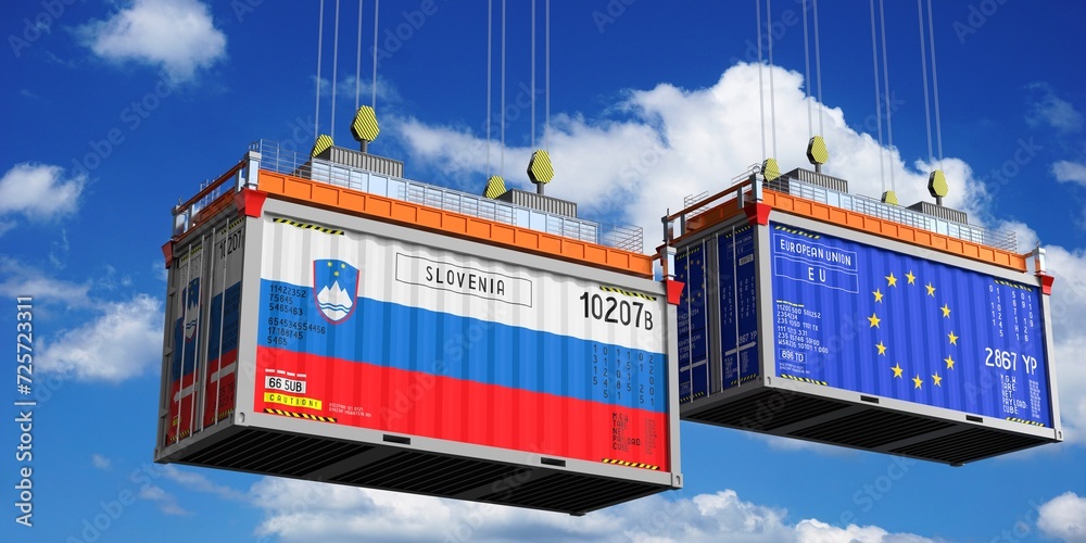Shipping containers with flags of Slovenia and European Union - 3D illustration