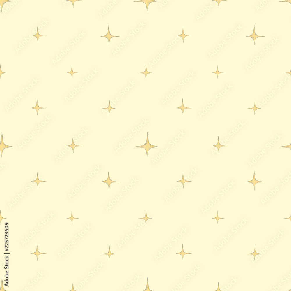 Delicate stars on a yellow background. Seamless watercolor pattern. Children's party, baby shower, birthday. Design for wallpaper, cards, wrapping paper, stationery.. Delicate stars on a yellow background. Seamless watercolor pattern. Children's party, baby shower, birthday. Design for wallpaper, cards, wrapping paper, stationery..