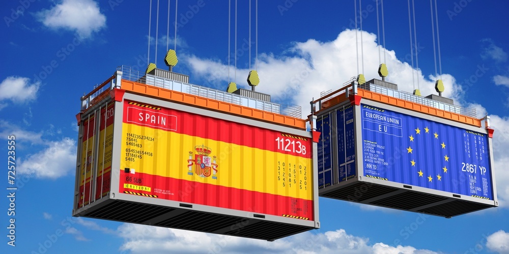 Shipping containers with flags of Spain and European Union - 3D illustration