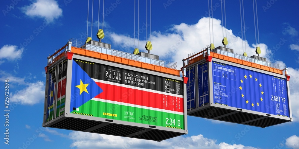 Shipping containers with flags of South Sudan and European Union - 3D illustration