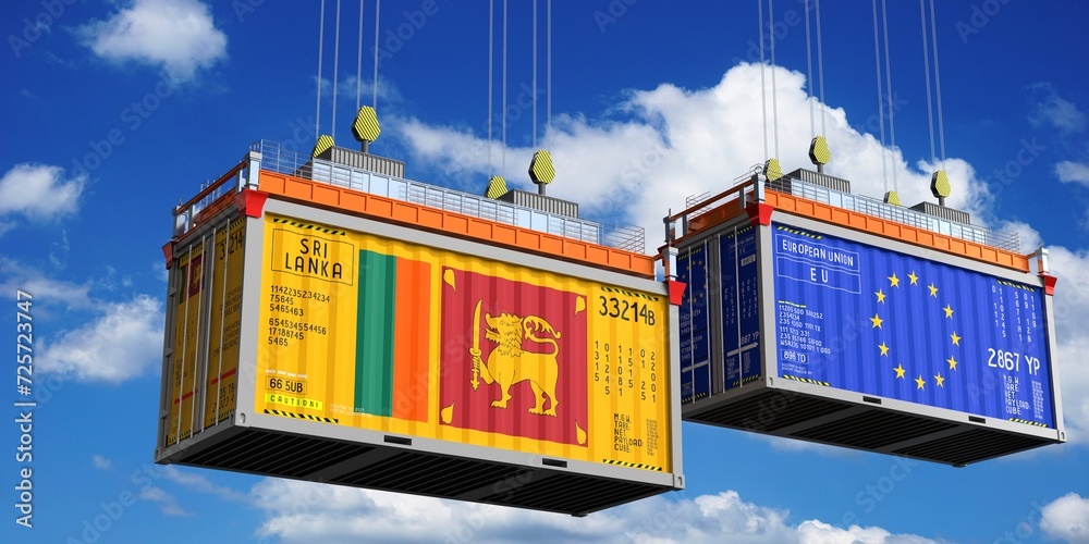 Shipping containers with flags of Sri Lanka and European Union - 3D illustration