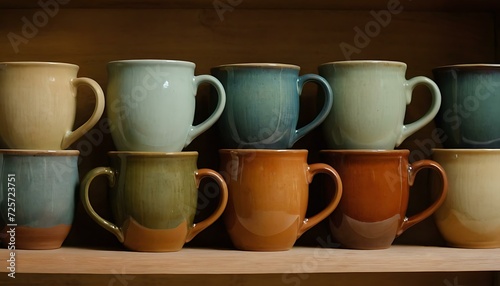 A set of handcrafted pottery mugs, each one glazed with earthy tones, on a wooden shelf