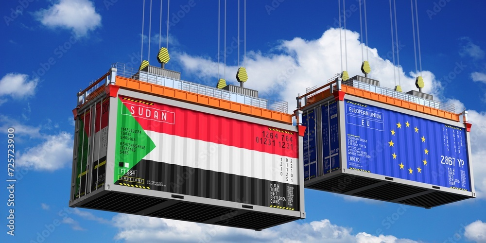 Shipping containers with flags of Sudan and European Union - 3D illustration Shipping containers with flags of Sudan and European Union - 3D illustration