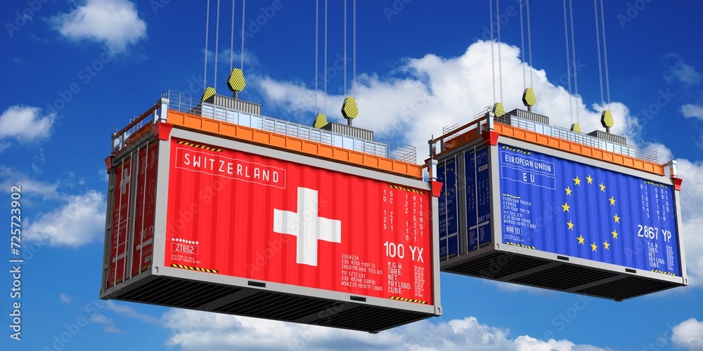 Shipping containers with flags of Switzerland and European Union - 3D illustration