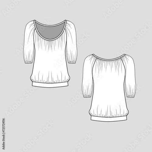 wide neck Gathering Top  Gathering elbow sleeve Fashion t shirt top blouse Tee Flat Sketch Technical Drawing Template Vector Design
