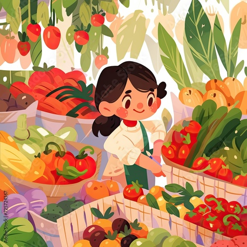 illustration, A cute girl with dark hair walks along the counters with vegetables and fruits on a sunny summer day. There are tomatoes, cucumbers, strawberries and other vegetables on the counters.