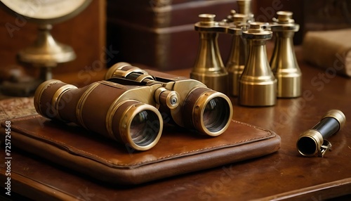 A set of antique brass binoculars, with mother-of-pearl inlays, on an explorer's desk