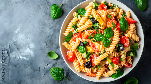 Vista superior de un plato de ensalada de pasta con tomate, lechuga, albahaca como ejemplo de comida sana photo