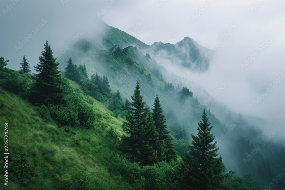 A mountain covered in fog and low clouds. Perfect for creating a mysterious and atmospheric setting in your projects